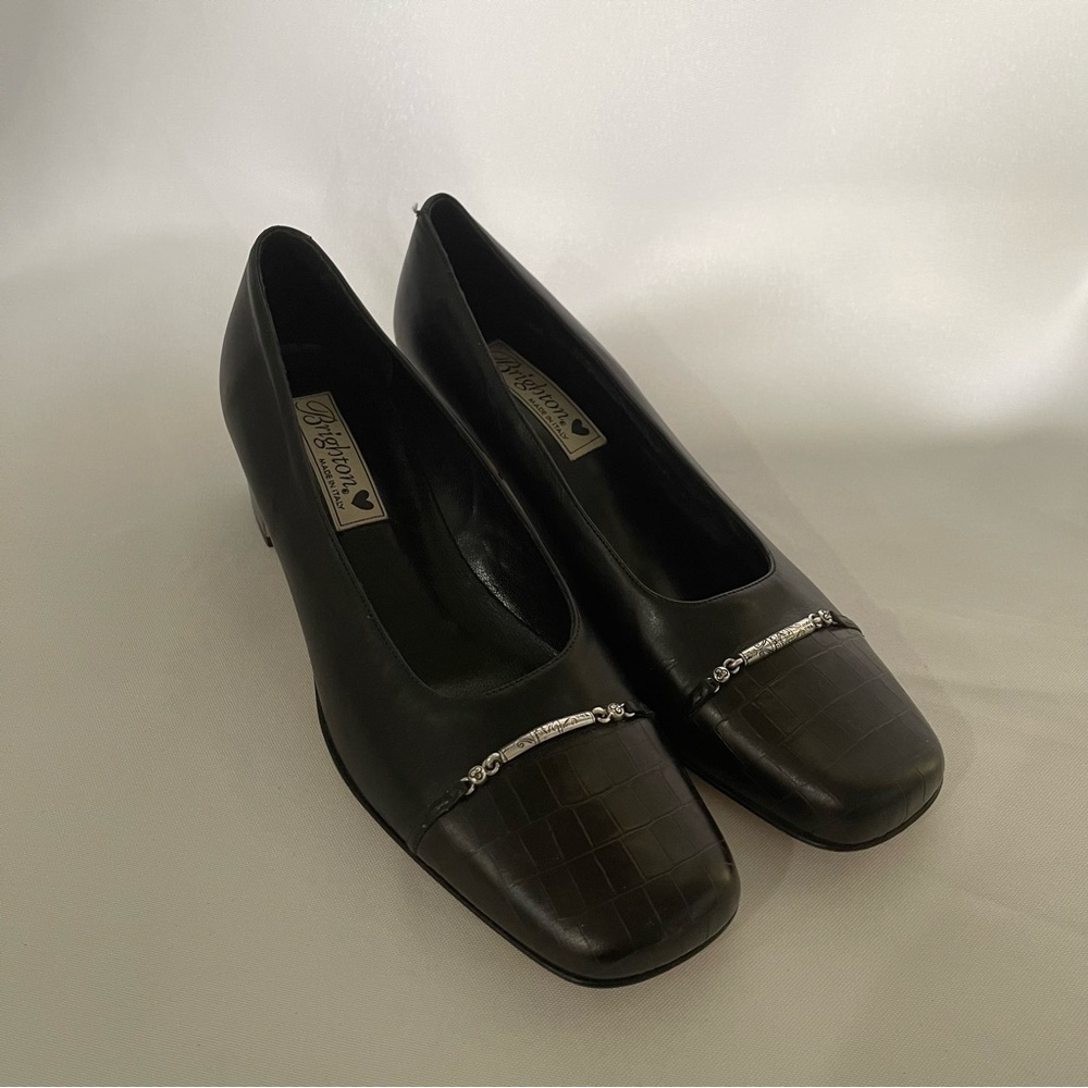 Brighton Gail Black Leather Croc Square Toe Low Block Heels Made in Italy 7.5 N